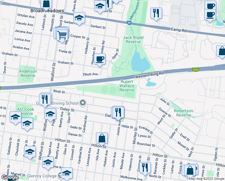 map of restaurants, bars, coffee shops, grocery stores, and more near 123 Justin Avenue in Glenroy