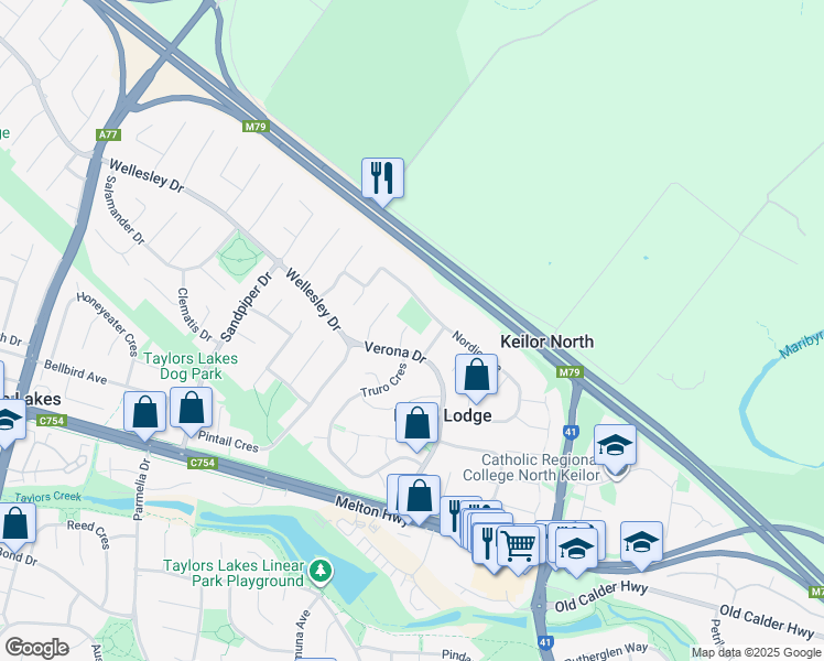 map of restaurants, bars, coffee shops, grocery stores, and more near 4 Penrhyn Court in Keilor Lodge