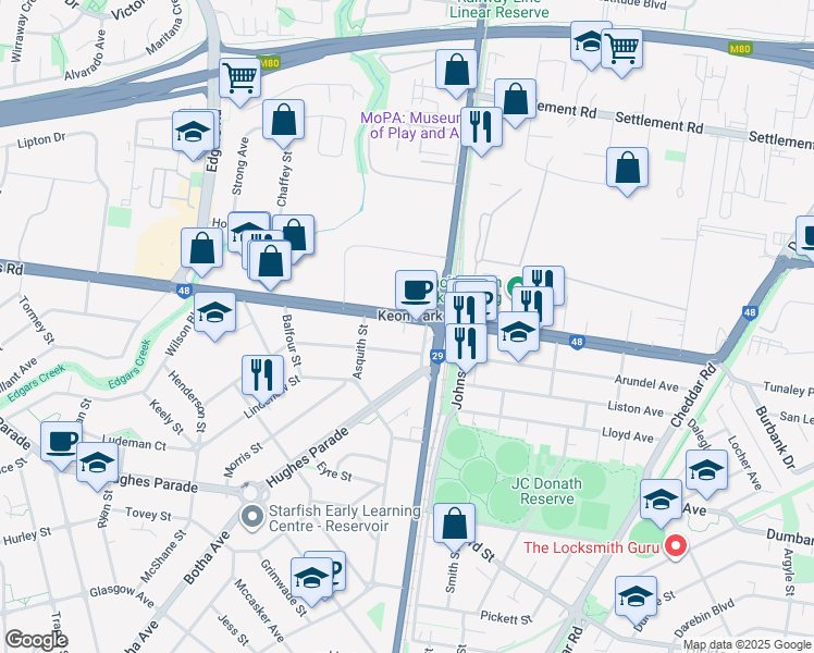 map of restaurants, bars, coffee shops, grocery stores, and more near 1 Mahoneys Road in Reservoir