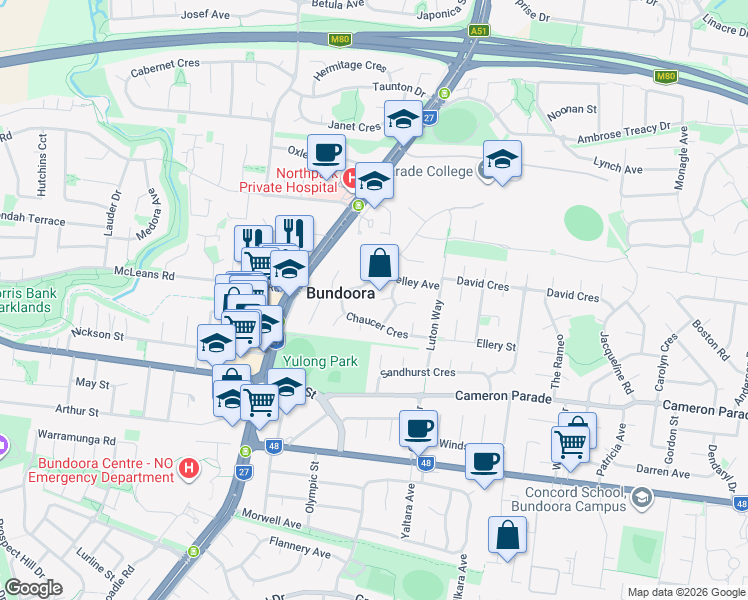 map of restaurants, bars, coffee shops, grocery stores, and more near 3 Lamb Court in Bundoora
