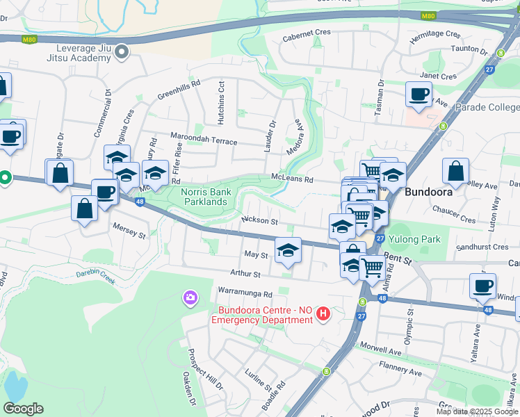 map of restaurants, bars, coffee shops, grocery stores, and more near 60 Nickson Street in Bundoora