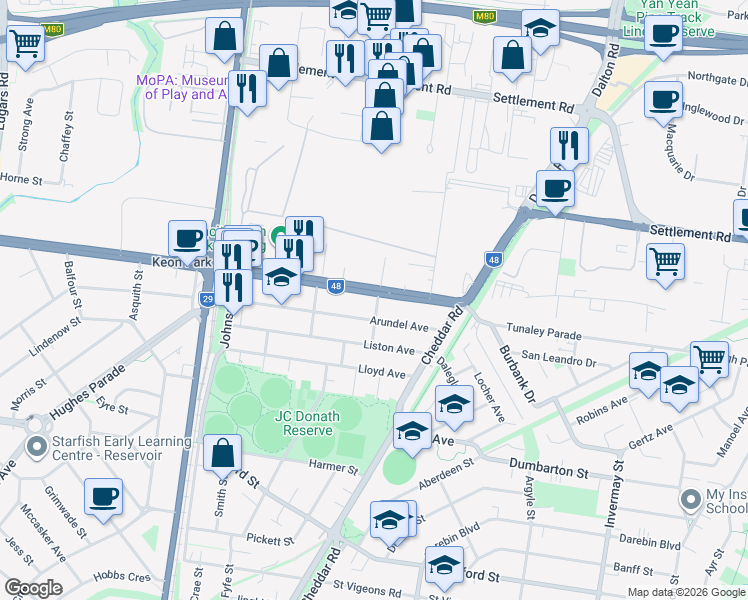 map of restaurants, bars, coffee shops, grocery stores, and more near 35 Keon Parade in Reservoir