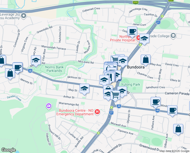 map of restaurants, bars, coffee shops, grocery stores, and more near 3 Julie Street in Bundoora