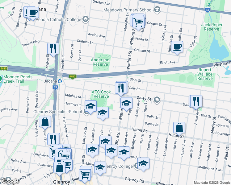 map of restaurants, bars, coffee shops, grocery stores, and more near 130 Daley Street in Glenroy