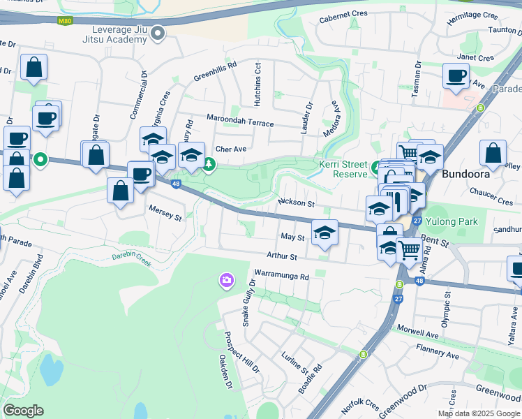 map of restaurants, bars, coffee shops, grocery stores, and more near 98 Settlement Road in Bundoora