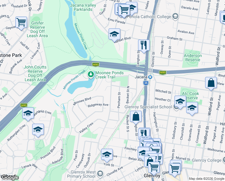 map of restaurants, bars, coffee shops, grocery stores, and more near 70 Augustine Terrace in Glenroy