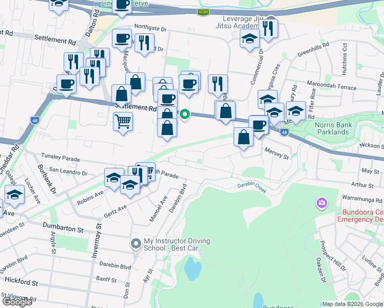 map of restaurants, bars, coffee shops, grocery stores, and more near 7A Lagen Court in Bundoora