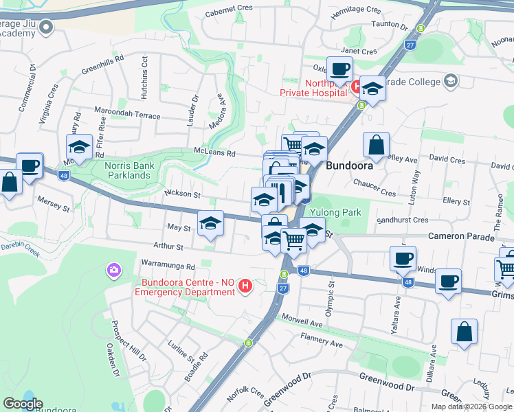 map of restaurants, bars, coffee shops, grocery stores, and more near 23 Nickson Street in Bundoora
