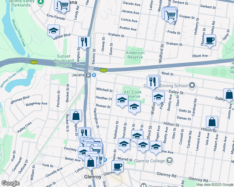 map of restaurants, bars, coffee shops, grocery stores, and more near 7 Mitchell Court in Glenroy