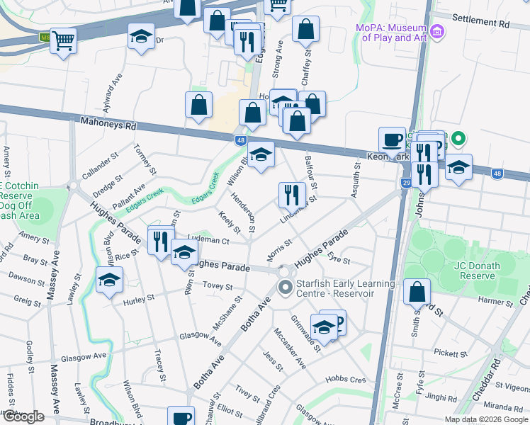 map of restaurants, bars, coffee shops, grocery stores, and more near 63 Merrilands Road in Reservoir