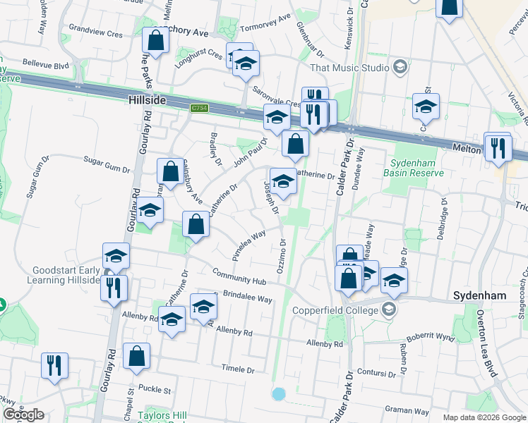 map of restaurants, bars, coffee shops, grocery stores, and more near 23 Santolin Drive in Hillside