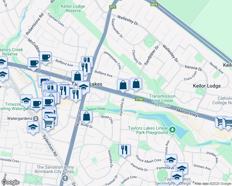 map of restaurants, bars, coffee shops, grocery stores, and more near Melton Highway in Taylors Lakes