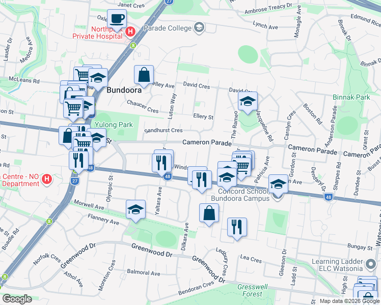 map of restaurants, bars, coffee shops, grocery stores, and more near 9 Bingham Court in Bundoora