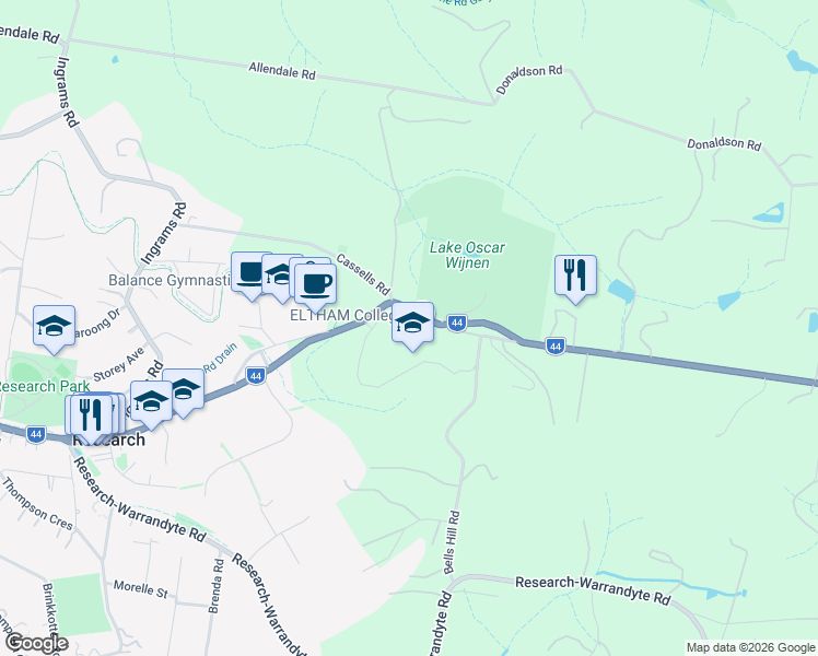 map of restaurants, bars, coffee shops, grocery stores, and more near 1660 Main Road in Research