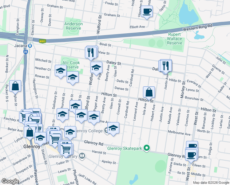 map of restaurants, bars, coffee shops, grocery stores, and more near 44 Glen Street in Glenroy
