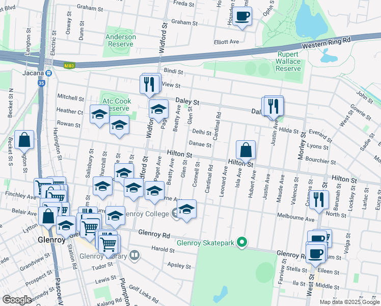 map of restaurants, bars, coffee shops, grocery stores, and more near 158 Hilton Street in Glenroy