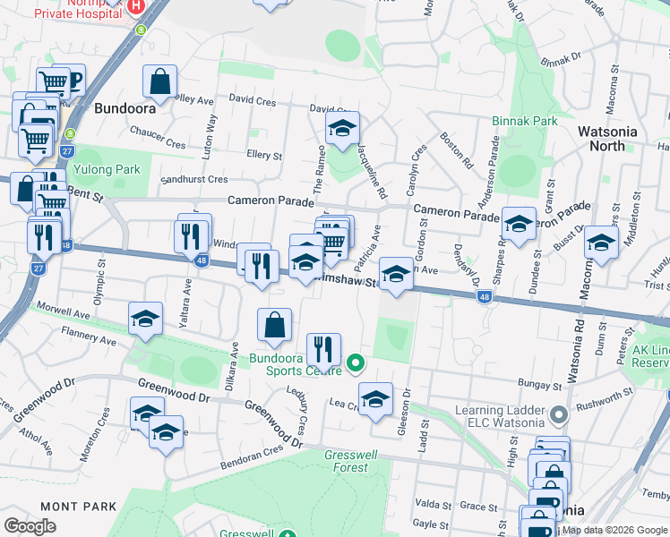 map of restaurants, bars, coffee shops, grocery stores, and more near 4 Andrew Place in Bundoora