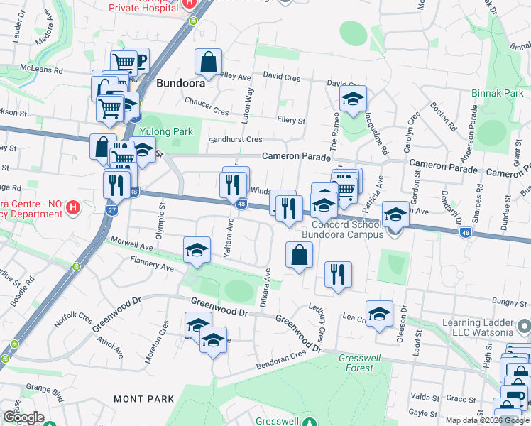 map of restaurants, bars, coffee shops, grocery stores, and more near 509 Grimshaw Street in Bundoora