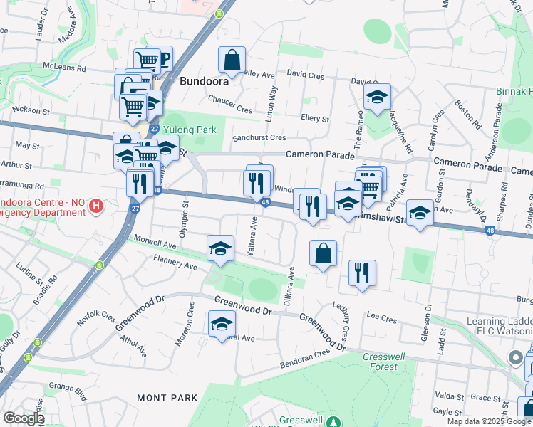 map of restaurants, bars, coffee shops, grocery stores, and more near 71 Noorong Avenue in Bundoora
