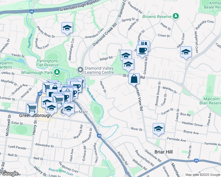 map of restaurants, bars, coffee shops, grocery stores, and more near 13 Boulton Court in Greensborough