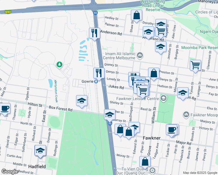 map of restaurants, bars, coffee shops, grocery stores, and more near 181 Jukes Road in Fawkner