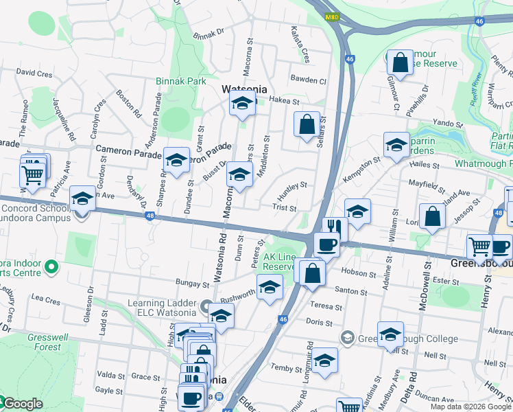map of restaurants, bars, coffee shops, grocery stores, and more near 19 Meakin Street in Watsonia North