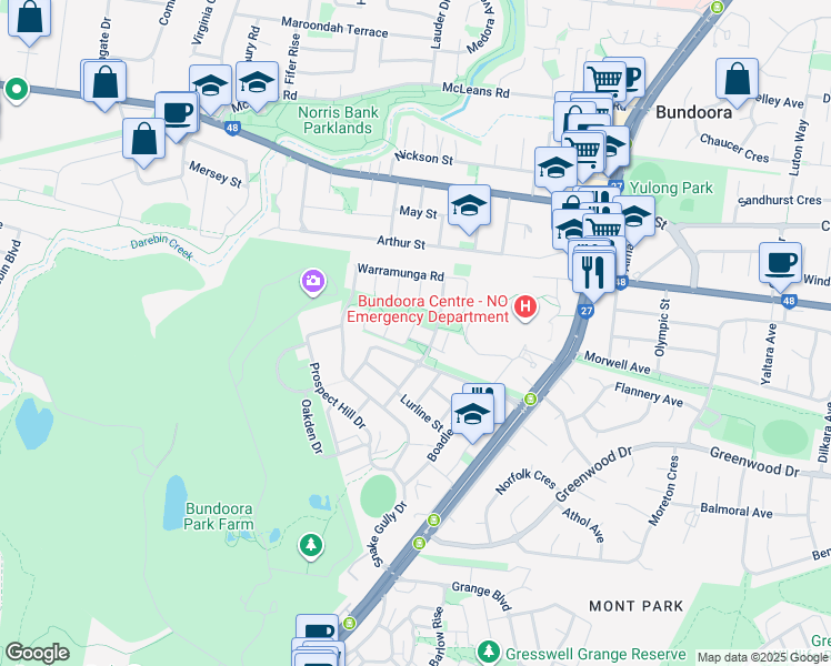 map of restaurants, bars, coffee shops, grocery stores, and more near 12 Sugar Gum Drive in Bundoora
