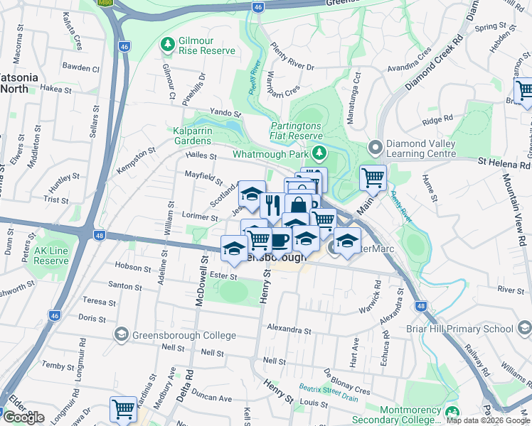 map of restaurants, bars, coffee shops, grocery stores, and more near 50 Scotland Avenue in Greensborough