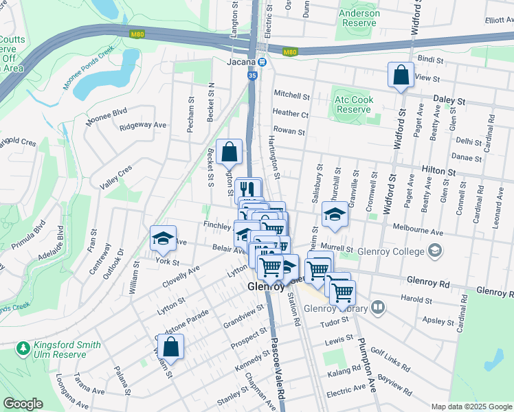 map of restaurants, bars, coffee shops, grocery stores, and more near 850 Pascoe Vale Road in Glenroy