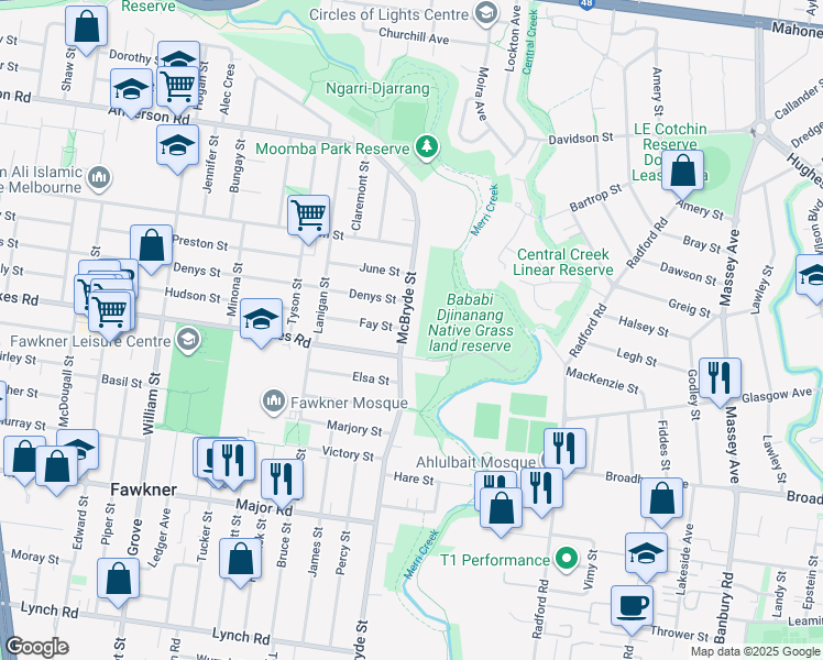 map of restaurants, bars, coffee shops, grocery stores, and more near 200 McBryde Street in Fawkner