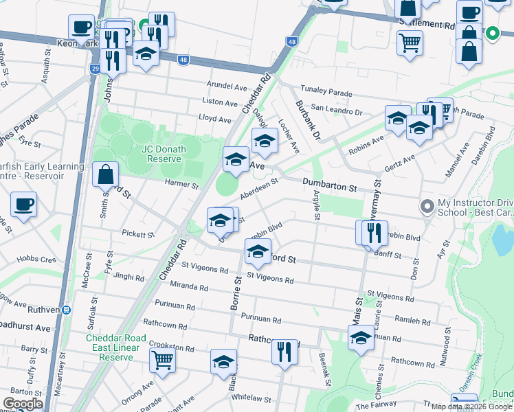 map of restaurants, bars, coffee shops, grocery stores, and more near 9 Greenock Street in Reservoir