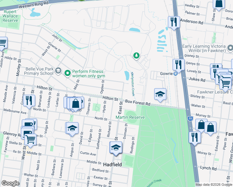 map of restaurants, bars, coffee shops, grocery stores, and more near 21 Morell Street in Glenroy