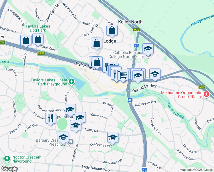map of restaurants, bars, coffee shops, grocery stores, and more near 30 Shoppers Lane in Taylors Lakes