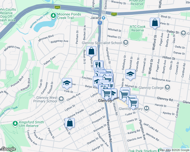 map of restaurants, bars, coffee shops, grocery stores, and more near 4 Finchley Avenue in Glenroy