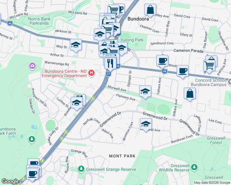 map of restaurants, bars, coffee shops, grocery stores, and more near 40 Flannery Avenue in Bundoora