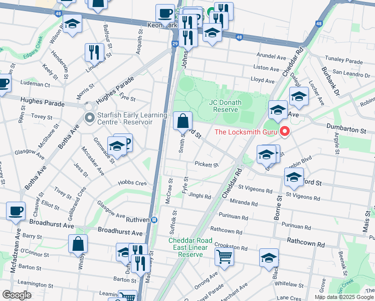 map of restaurants, bars, coffee shops, grocery stores, and more near 6 Smith Street in Reservoir