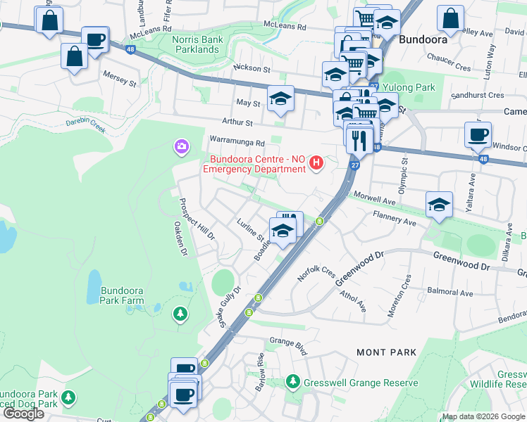 map of restaurants, bars, coffee shops, grocery stores, and more near 2 Saint Leger Rise in Bundoora