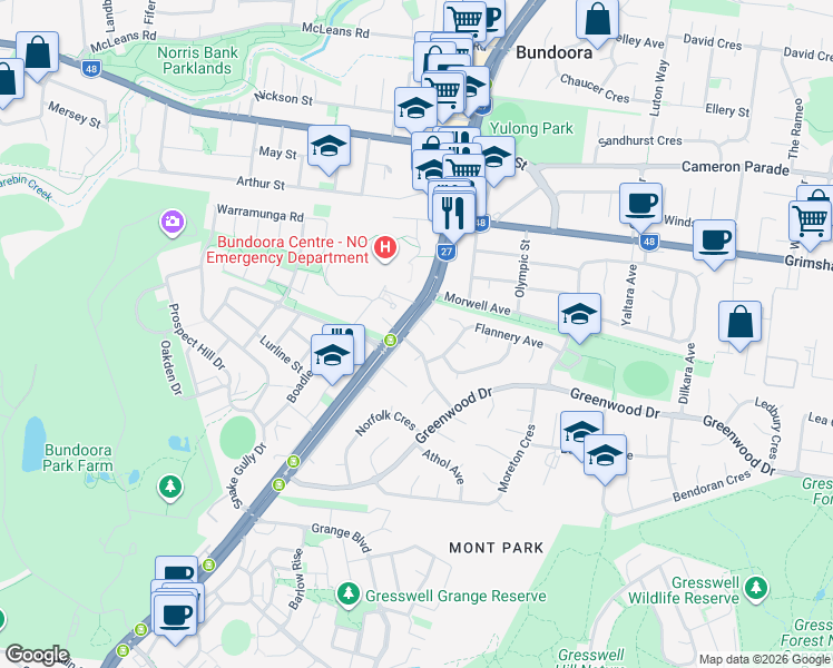 map of restaurants, bars, coffee shops, grocery stores, and more near 1230 Plenty Road in Bundoora