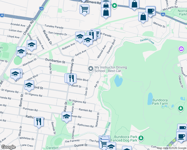 map of restaurants, bars, coffee shops, grocery stores, and more near 108 Darebin Boulevard in Reservoir