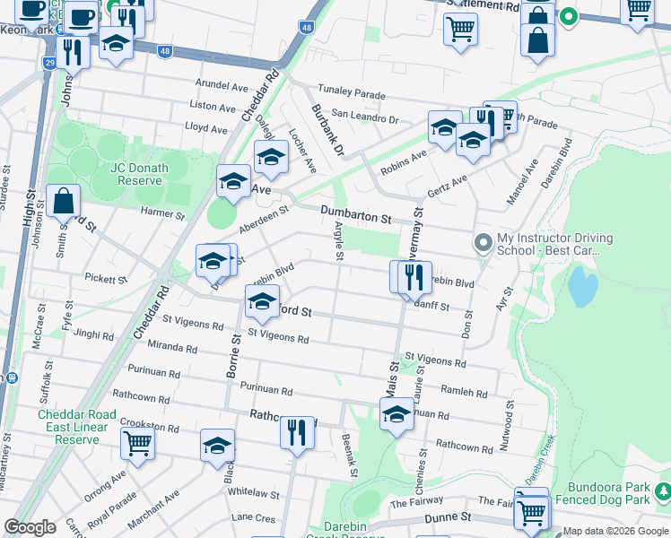 map of restaurants, bars, coffee shops, grocery stores, and more near 40 Darebin Boulevard in Reservoir