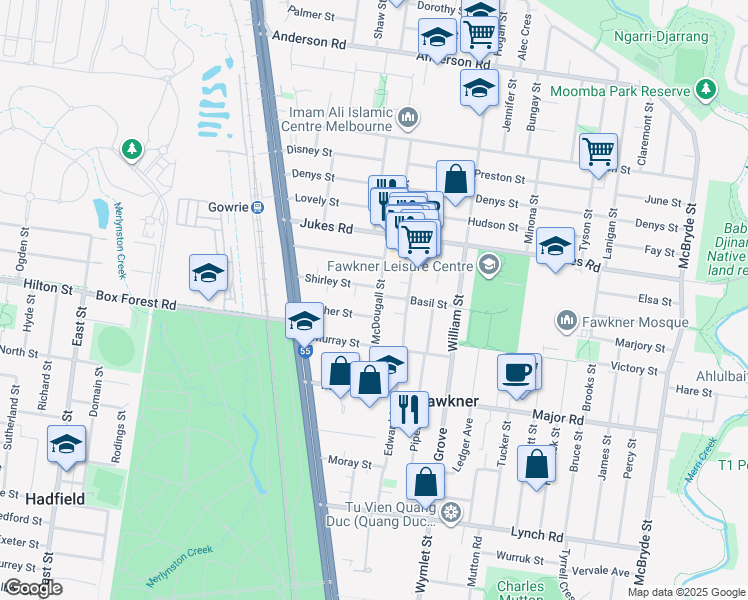 map of restaurants, bars, coffee shops, grocery stores, and more near 13 McDougall Street in Fawkner