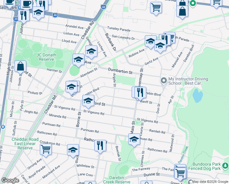 map of restaurants, bars, coffee shops, grocery stores, and more near Argyle Street in Reservoir