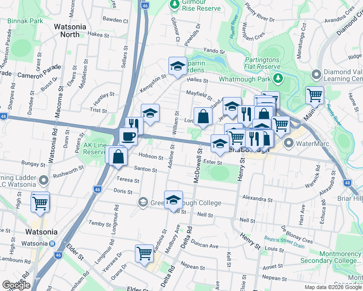 map of restaurants, bars, coffee shops, grocery stores, and more near 185 Grimshaw Street in Greensborough