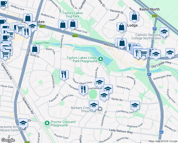 map of restaurants, bars, coffee shops, grocery stores, and more near 16 Constellation Court in Taylors Lakes