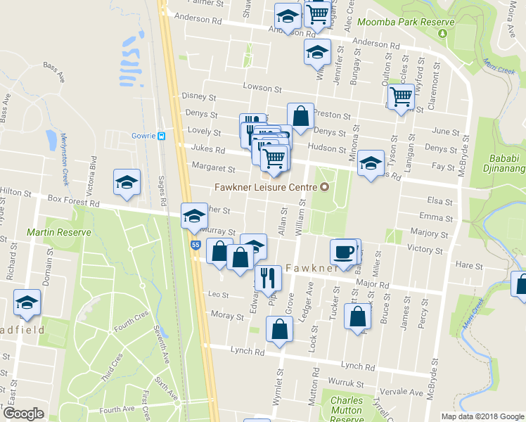 map of restaurants, bars, coffee shops, grocery stores, and more near 21 Bonwick Street in Fawkner