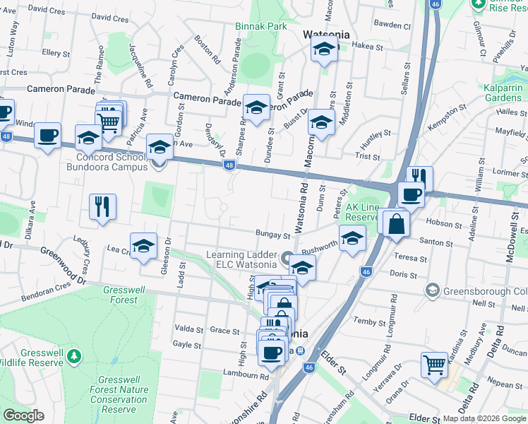map of restaurants, bars, coffee shops, grocery stores, and more near 15 Loyola Court in Watsonia