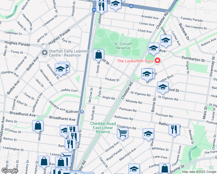 map of restaurants, bars, coffee shops, grocery stores, and more near 16 Elsey Road in Reservoir