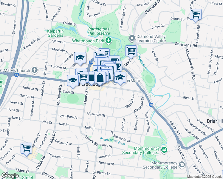 map of restaurants, bars, coffee shops, grocery stores, and more near 51 Grimshaw Street in Greensborough