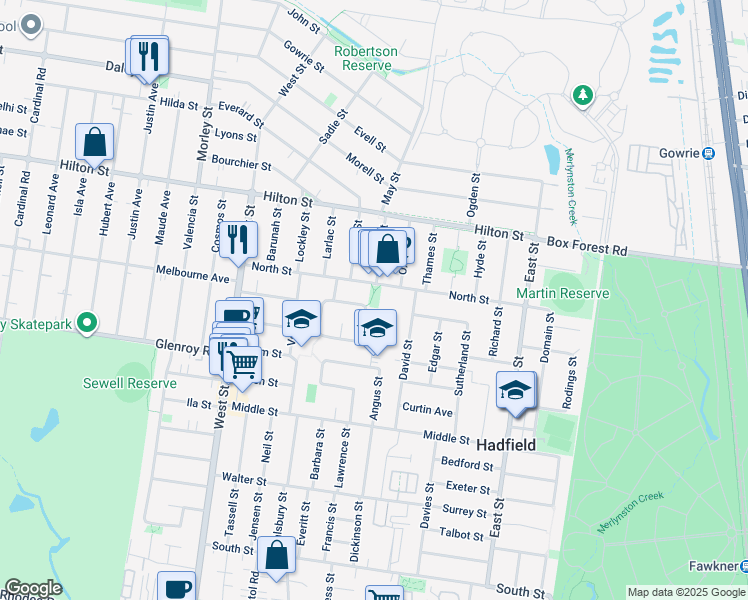 map of restaurants, bars, coffee shops, grocery stores, and more near 71 North Street in Hadfield