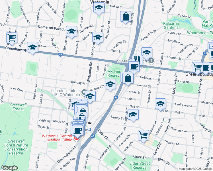 map of restaurants, bars, coffee shops, grocery stores, and more near 26 Rushworth Street in Watsonia